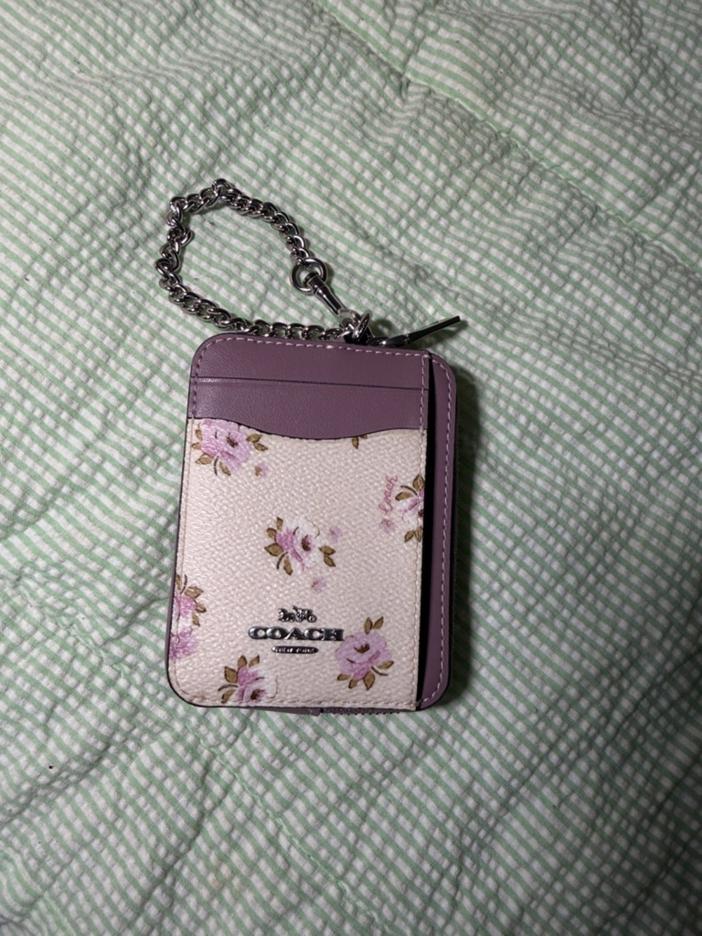 Coach Floral Card Case with Chain in Lavender and Cream